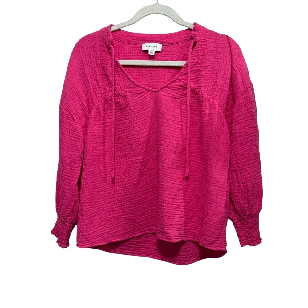 Evereve Eleonore Hot Pink‎ Gauze Cotton Top XS Crinkle Split Neck Smocked Blouse